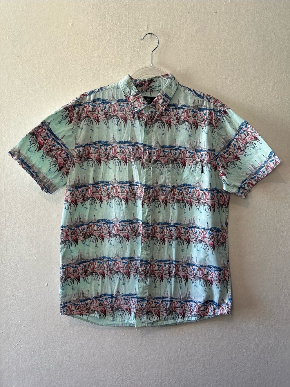 Men’s Flamingo Hawaiian Shirt Large Tropical Beach Button Up Cotton Vacation